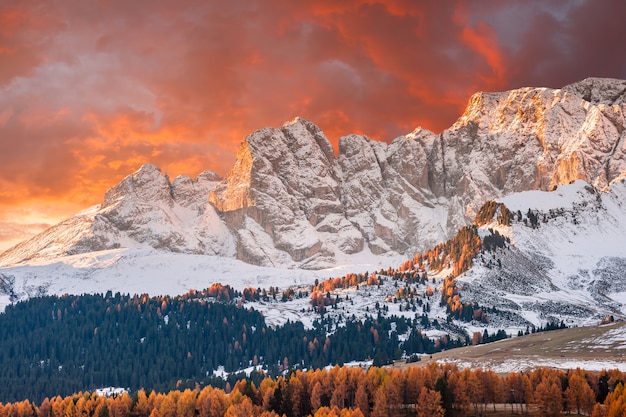 Autumn morning in mountain landscape with snowy peaks and bright trees