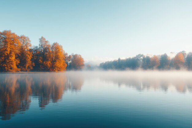 Photo autumn morning at a tranquil lake with colorful trees and misty reflections in the early hours