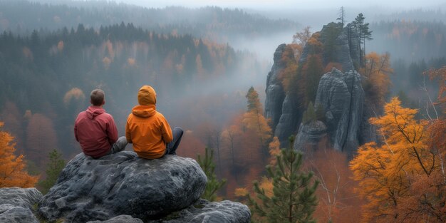 Autumn Morning View From a Misty Mountain Summit