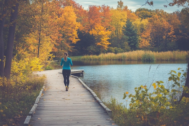 Photo autumn morning walk by the lake amidst colorful trees and serene atmosphere