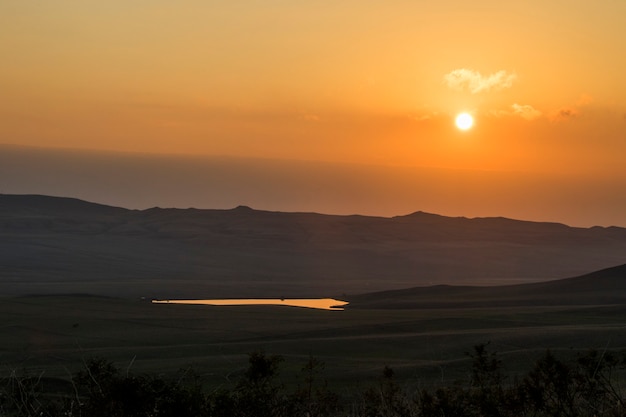 Autumn mountain landscape and view during sunset in Davitgareji, Georgia