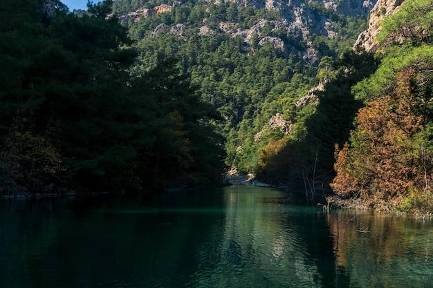 autumn mountain landscape with clear shady lake