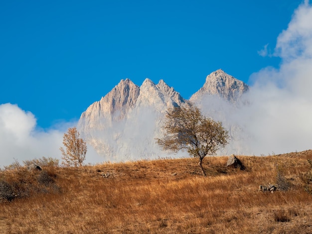 Autumn mountain landscape with pointed rocks on a clear sunny day