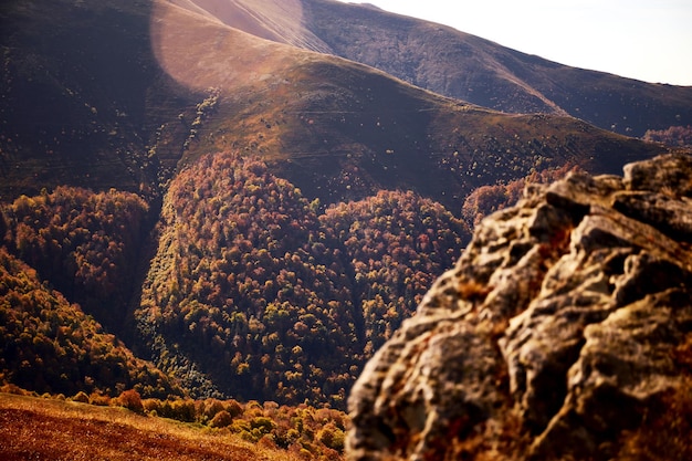 Autumn mountain range Carpathian Mountains Ukraine Walking and hiking trails in Borzhava ridge Rural area of carpathian mountains in autumn