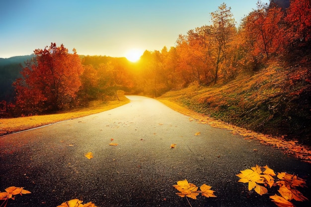 Autumn mountain road with falling leaves