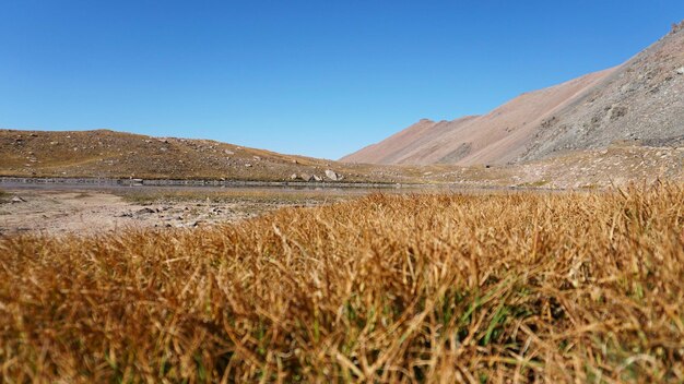 Autumn in the mountains. Yellow grass on the hills. A small moraine lake is visible.