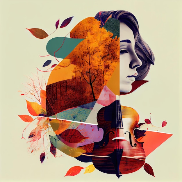 Autumn Music Collage Surreal Contemporary Poster Drawing Imitation Abstract Generative AI Illustration