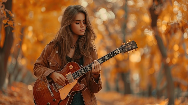 Autumn Musician with Guitar in Jacket amidst Vibrant Fall Foliage