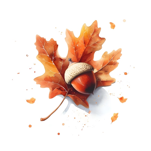 Autumn Nature Elements Watercolor Illustrated Acorn and Oak Leaf on White Background