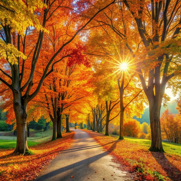 Autumn nature Fall scene Tranquil background Colorful foliage on trees and path in park Bright sun shining over road through trees with yellow orange red leaves