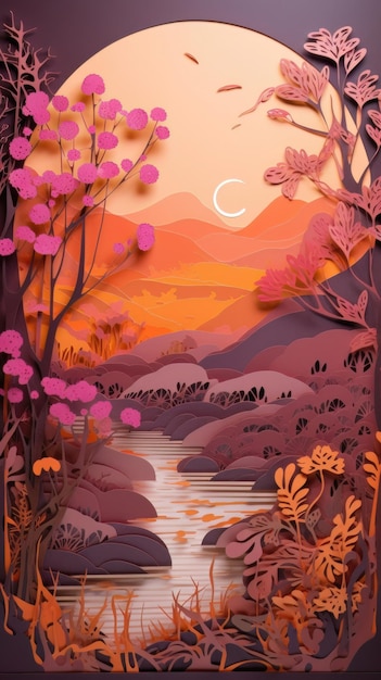 Autumn nature landscape art paper cut Generative AI