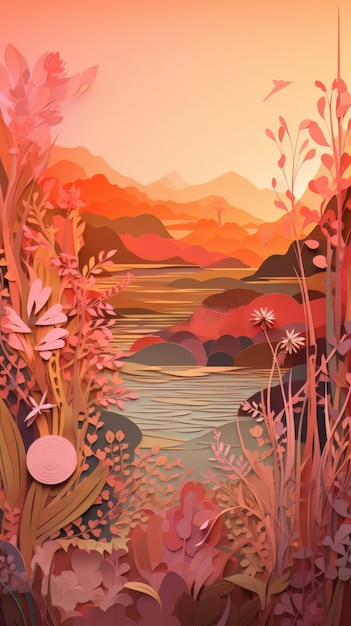 Autumn nature landscape art paper cut Generative AI