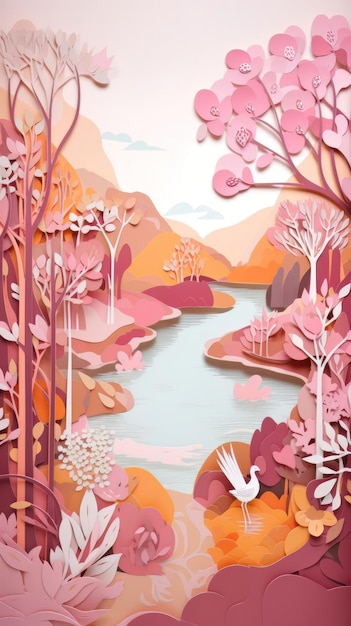 Autumn nature landscape art paper cut Generative AI