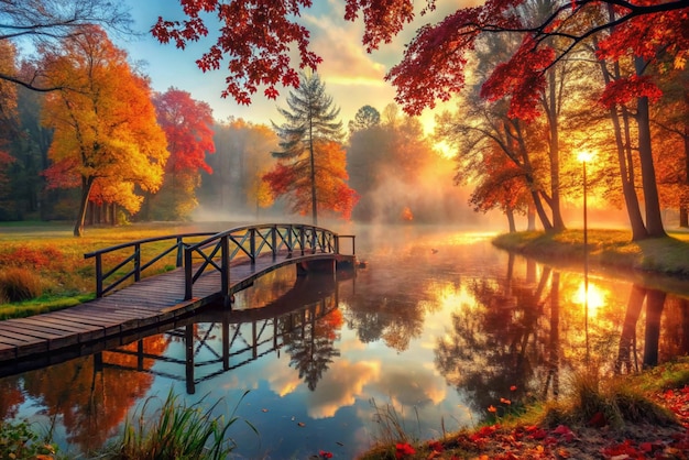 Photo autumn nature landscape lake bridge in fall forest path way in gold woods romantic view image scene magic misty sunset pond red color tree leaf park calm bright light city sunrise