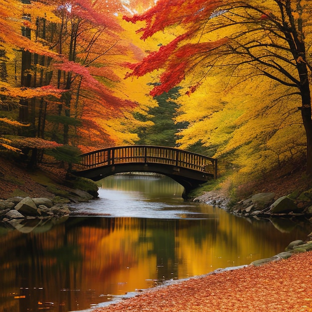 Autumn nature landscape Lake bridge in fall forest Path way in gold woods Romantic view image scene Magic misty sunset pond Red color tree leaf park