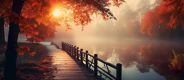 Autumn Nature Serenity Lake Bridge Landscape