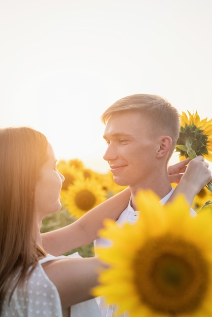 Autumn nature. Young romantic couple walking in sunflower field in sunset