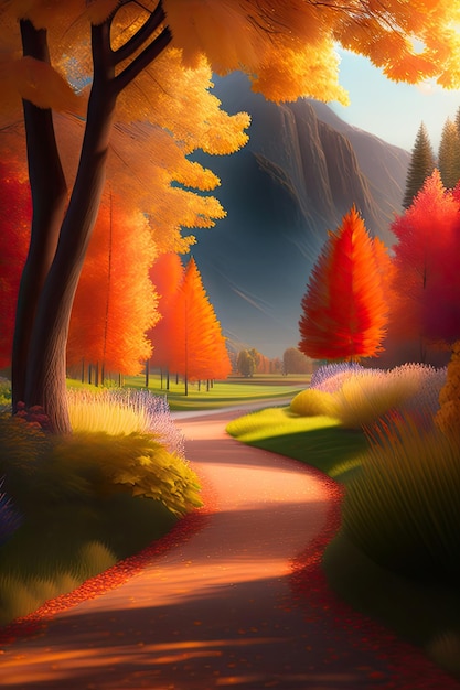 Autumn in park Beautiful nature background Hyper realistic digital painting 3D illustration