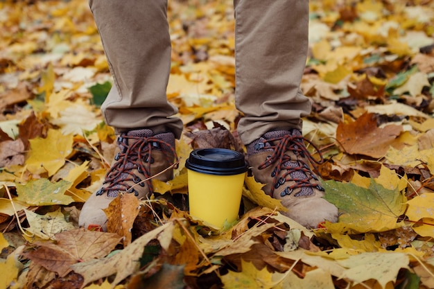 Autumn park and coffee to go in a paper cup