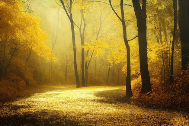 Autumn park in misty day landscape an alley turn with golden leaves and soft yellow fog Digital illustration based on render by neural network