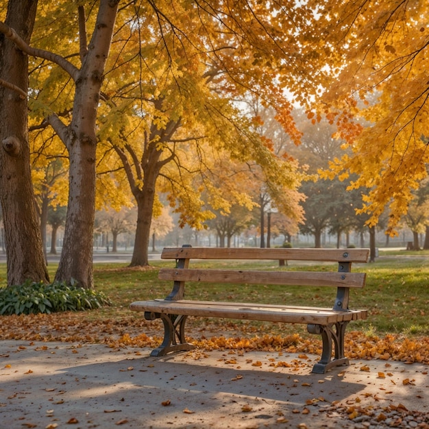 Photo autumn park scene with an empty bench and yellow leaves perfect for nostalgia and tranquility theme