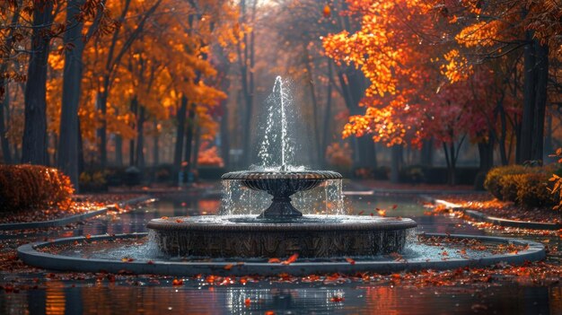 Photo an autumn park scene with a fountain surrounded by colorful trees creating a serene and inviting atmosphere highquality image