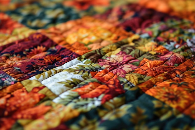 Photo autumn patchwork quilt background with calico textile craftsmanship and leaf print design