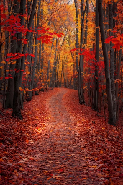 Autumn Path Through a Forest of Red and Yellow