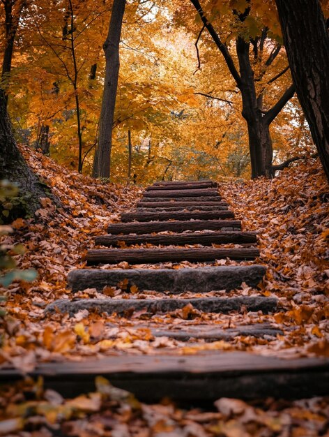 Photo autumn pathway scenic wooden steps through vibrant fall foliage