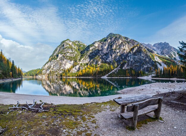 Autumn peaceful alpine lake Braies or Pragser Wildsee FanesSennesPrags national park South Tyrol Dolomites Alps Italy Europe Picturesque traveling seasonal and nature beauty concept scene