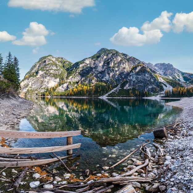 Autumn peaceful alpine lake Braies or Pragser Wildsee FanesSennesPrags national park South Tyrol Dolomites Alps Italy Europe Picturesque traveling seasonal and nature beauty concept scene