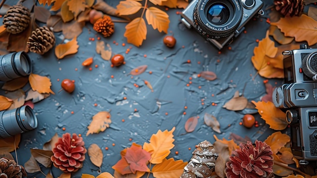 Photo autumn photography still life with cameras and fall leaves