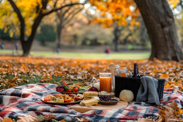 Photo autumn picnic with blanket food drinks and fall scenery