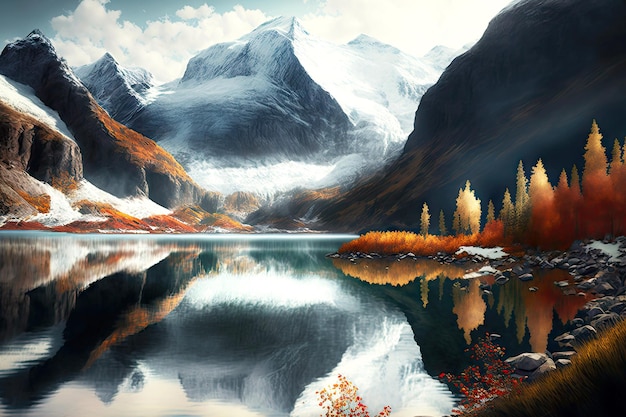 Autumn picture with smooth mountain lake against background of snowy cliff tops