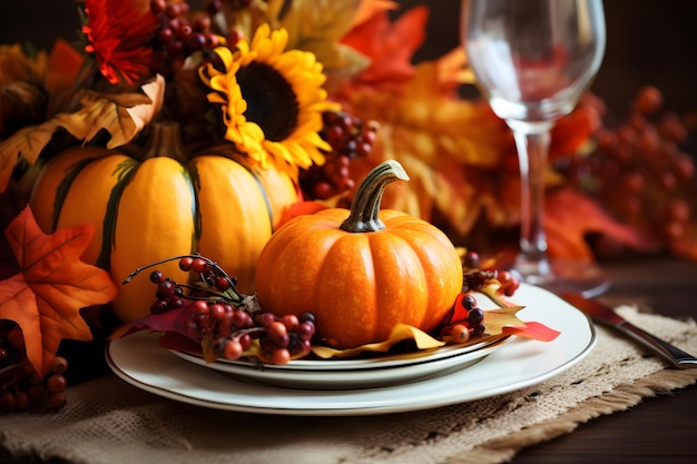 Autumn place setting with fall leaves napkin and pumpkins Thanksgiving autumn place setting with c