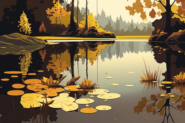 Autumn pond with yellow leaves and reflection