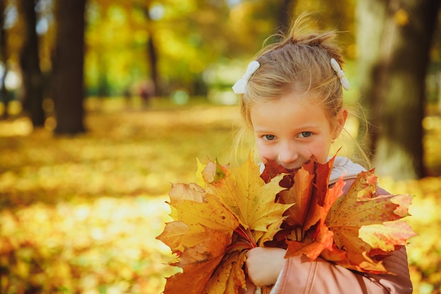 Autumn portrait. Little funny girl playing with yellow leaves in the forest. Child on a walk in the autumn park. Golden autumn. toddler girl, portrait with bouquet of autumn leaves