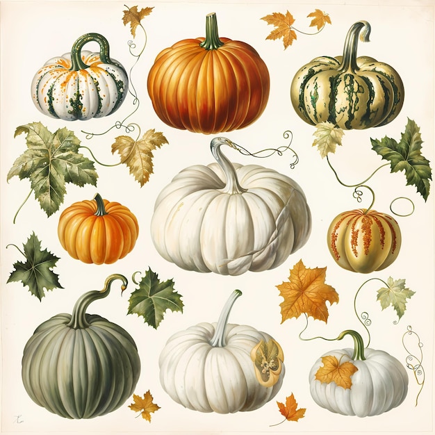 Photo autumn pumpkin collection a vibrant assortment of pumpkin varieties beautifully illustrated with