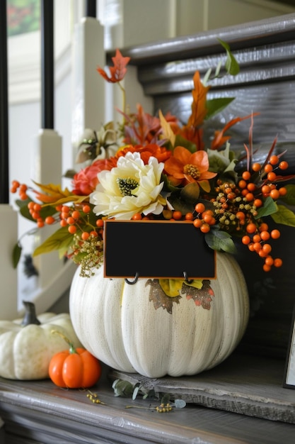 Photo autumn pumpkin floral display with blank card