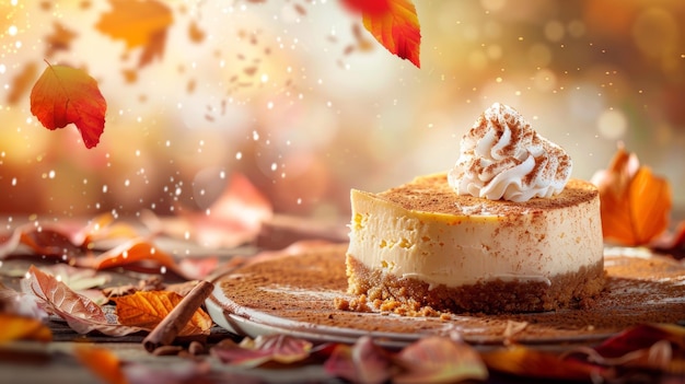 Photo autumn pumpkin spice cheesecake with cinnamon whipped cream and falling leaves background