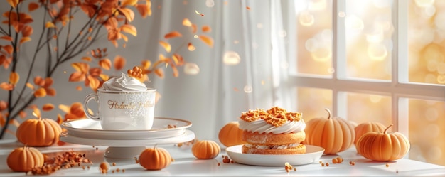 Autumn pumpkin themed cozy scene with hot beverage and sweet treat by window