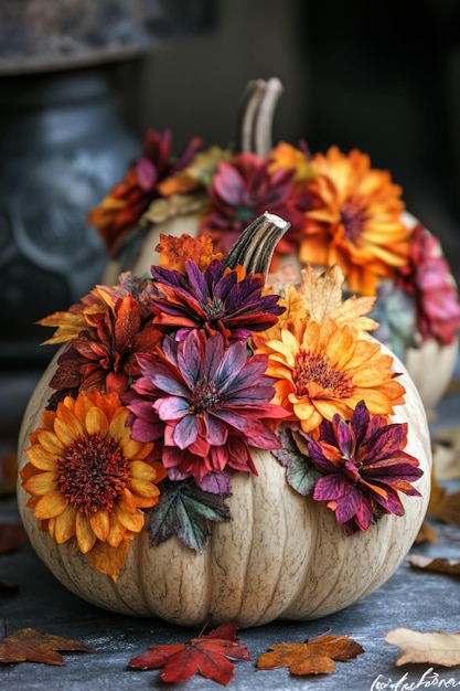 Photo autumn pumpkins beautiful autumn pumpkins decorated with colorful flowers and leaves ideal for