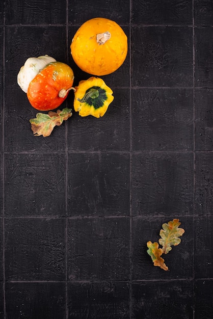 Autumn pumpkins on dark tile background