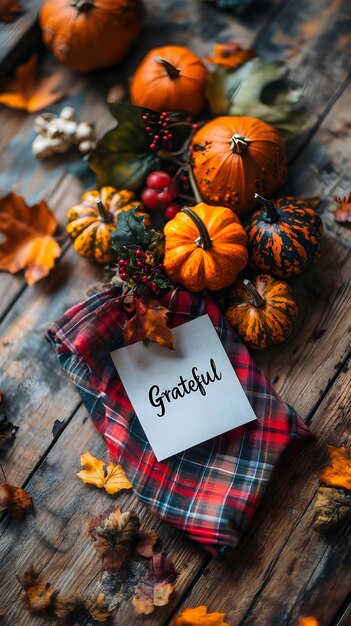 Photo autumn pumpkins plaid fabric grateful note thanksgiving decor