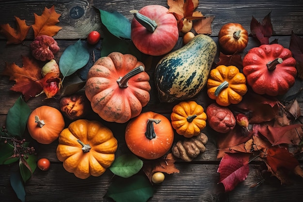 Autumn pumpkins for Thanksgiving and Halloween leaves zucchini made of acorns on a dark wood table background Top view Generative AI illustration