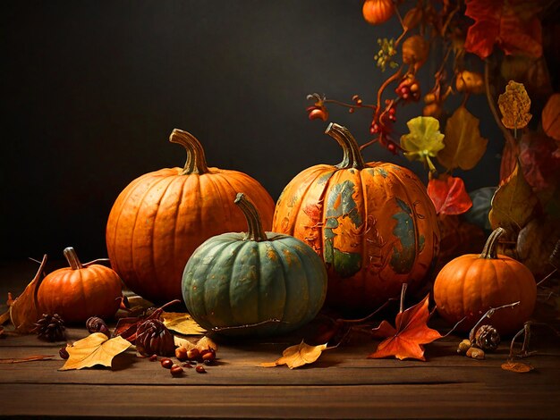 Autumn pumpkins with leaves