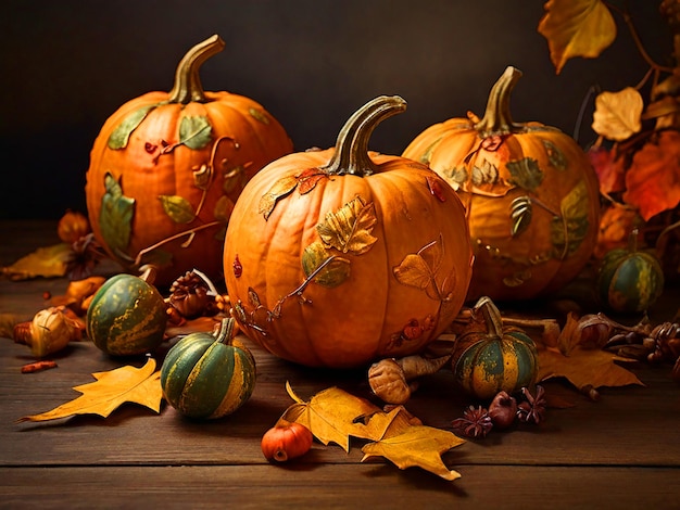 Autumn pumpkins with leaves