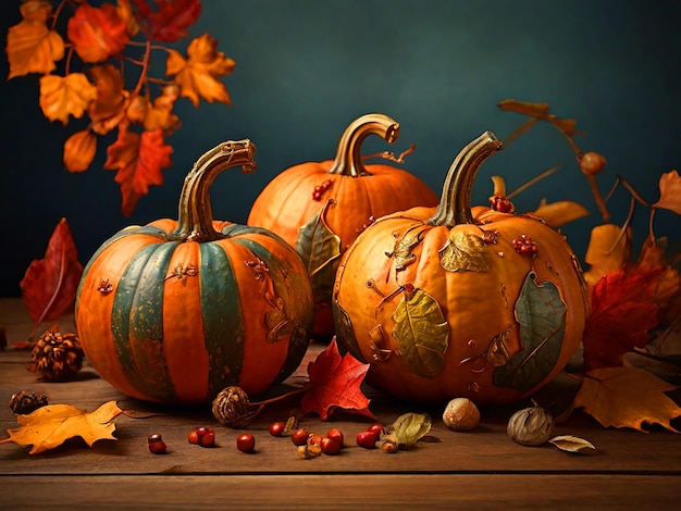 Autumn pumpkins with leaves