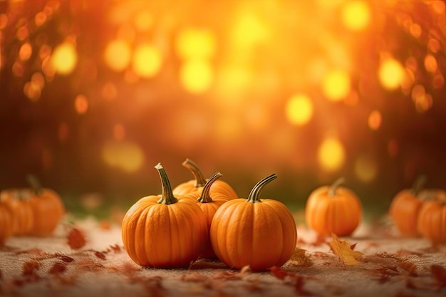 Autumn pumpkins on wooden table and blur backgroundHarvest Concept Copy space Ai generative