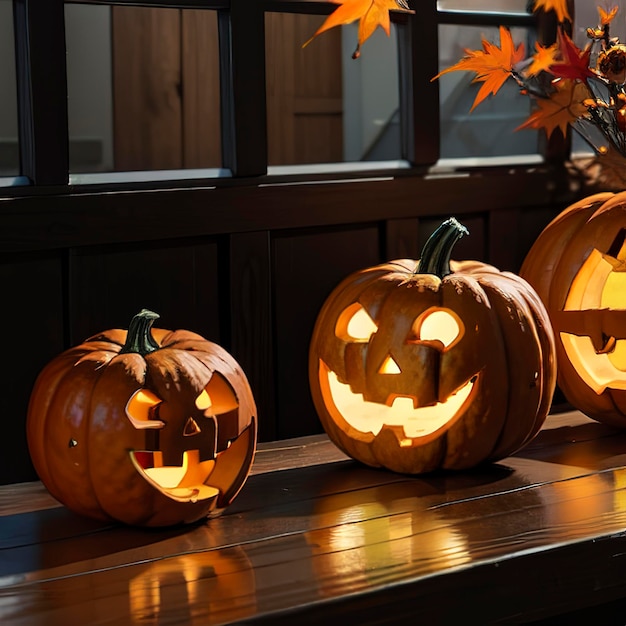 Autumn pumpkins on wooden table